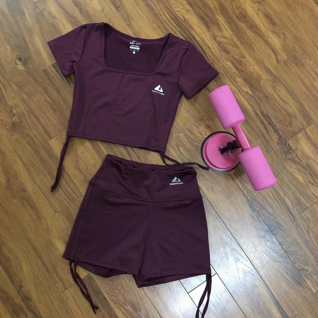 Đồ tập gym nữ bộ tập gym yoga erobic nữ áo cổ vuông quần sooc rút dây chất liệu co giãn 4 chiều thấm hút tốt