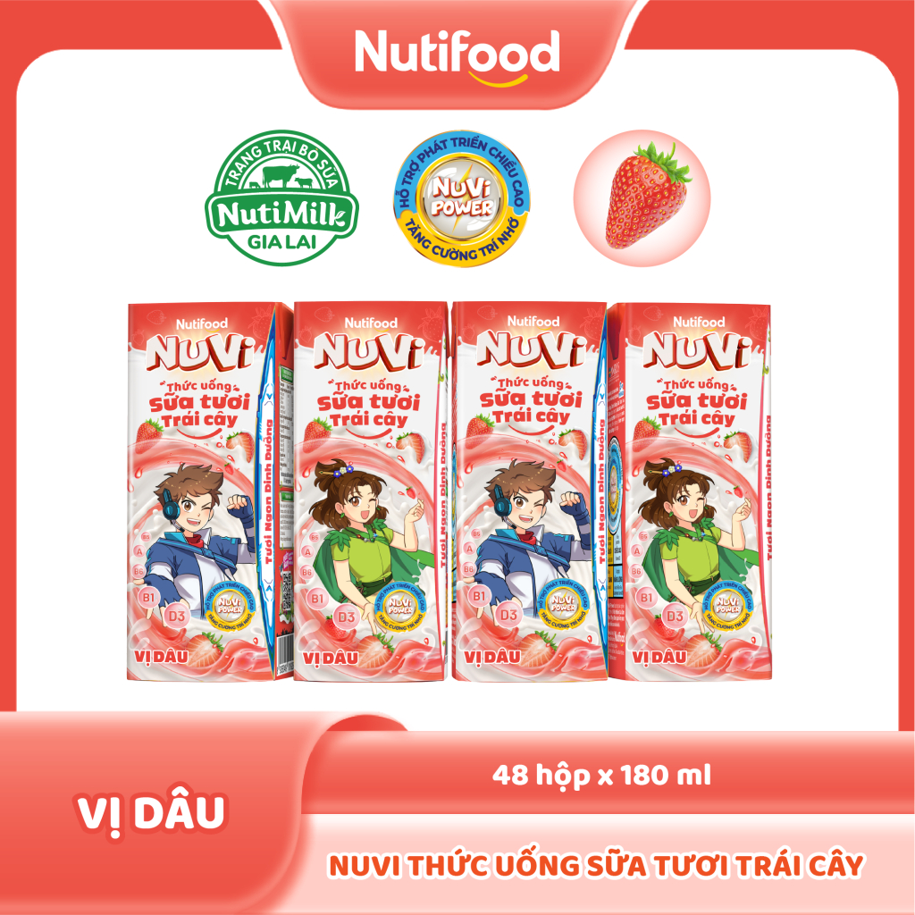 Thùng 48 hộp Thức Uống Sữa Tươi Trái Cây Tươi Nuvi Vị Dâu 180ml - Tăng Cường Chiều Cao, Phát Triển Trí Não