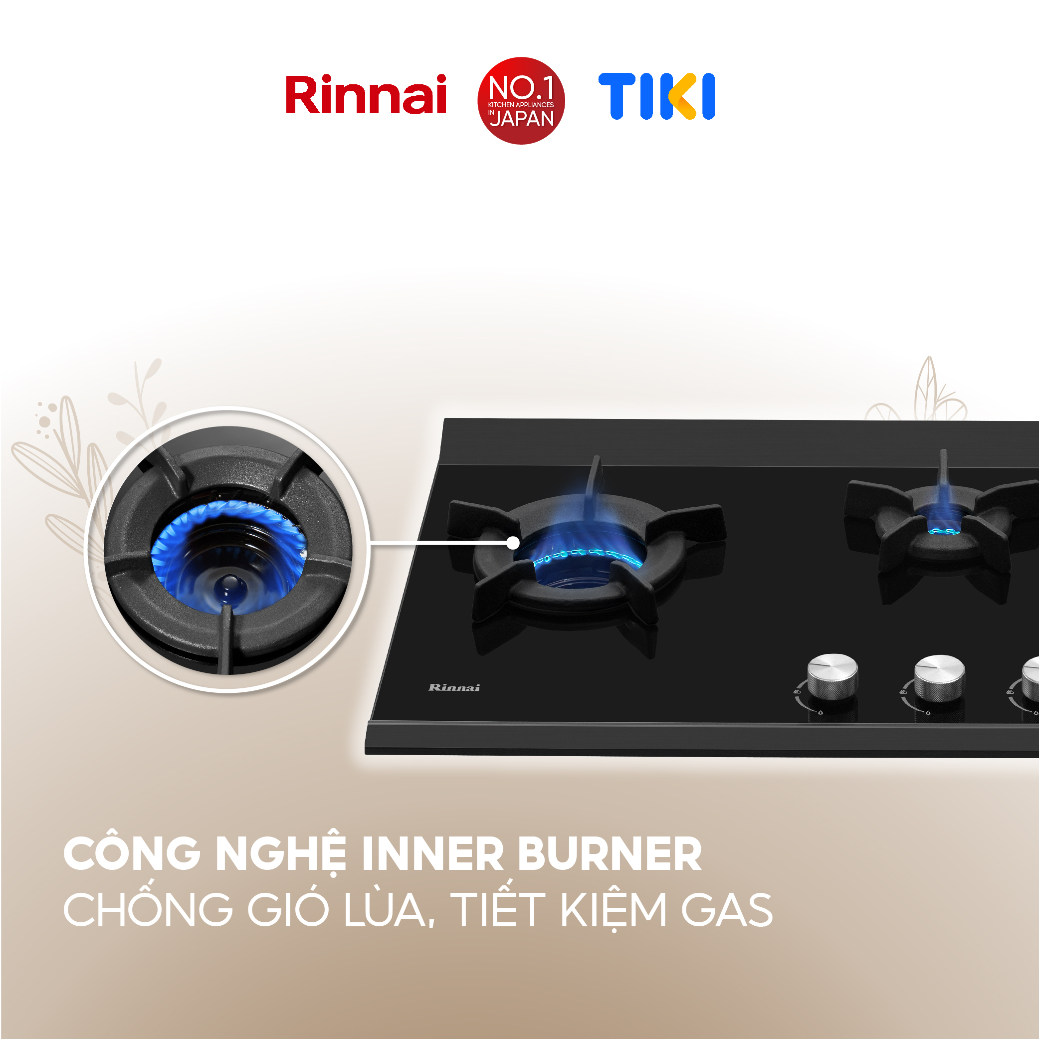 Bếp gas âm đầu đốt trong Rinnai RB-3VCGN mặt bếp kính SCHOTT và kiềng bếp gang - Hàng chính hãng.