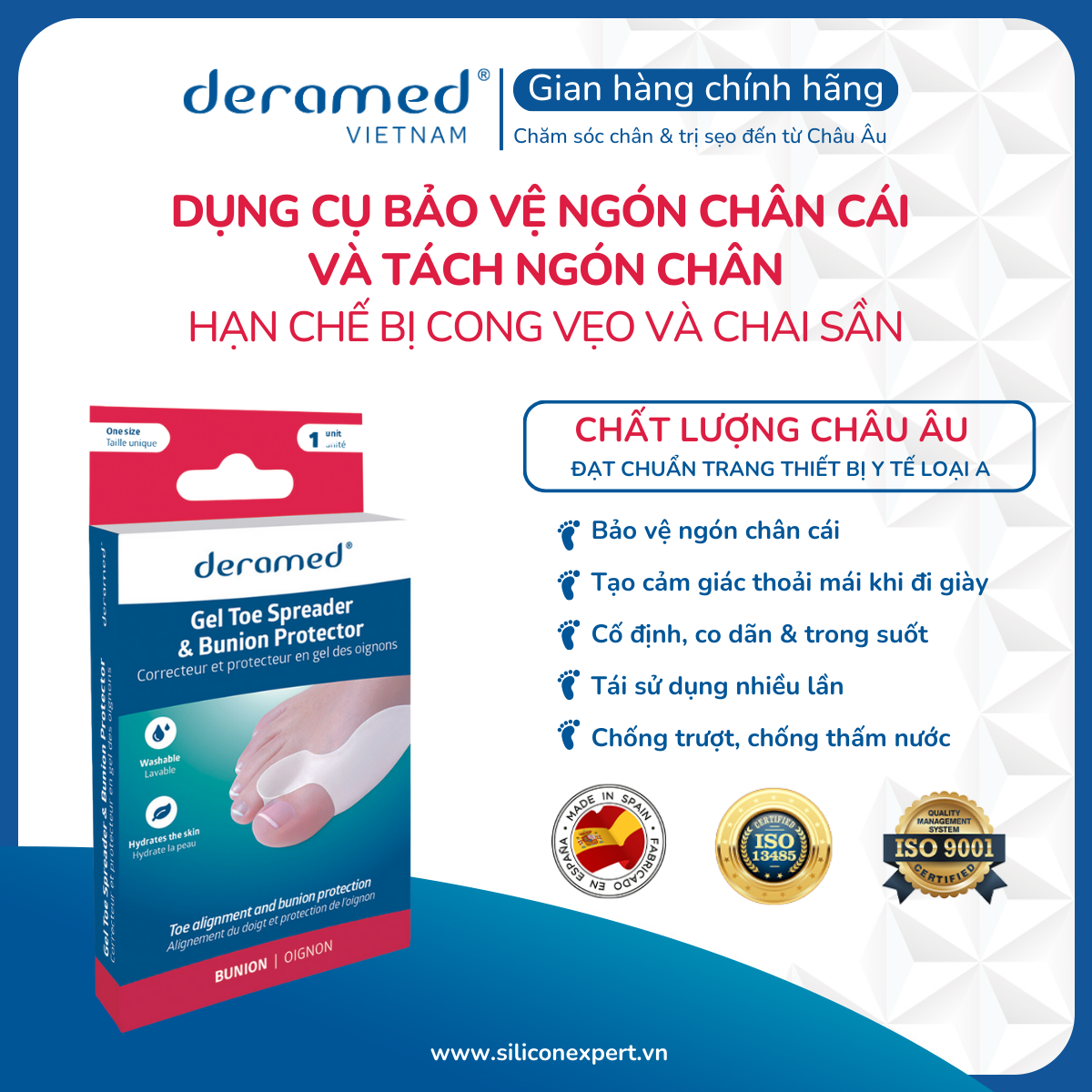 DỤNG CỤ BẢO VỆ VÀ TÁCH NGÓN CHÂN CÁI BỊ CONG VẸO VÀ CHAI SẦN KHỎI MA SÁT VỚI GIÀY DÉP DERAMED, ÊM ÁI VÀ GIẢM ĐAU TỨC THÌ - XUẤT XỨ TÂY BAN NHA