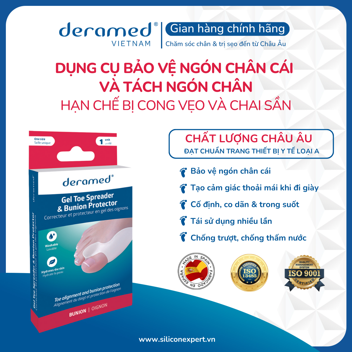 DỤNG CỤ BẢO VỆ VÀ TÁCH NGÓN CHÂN CÁI BỊ CONG VẸO VÀ CHAI SẦN KHỎI MA SÁT VỚI GIÀY DÉP DERAMED, ÊM ÁI VÀ GIẢM ĐAU TỨC THÌ  - XUẤT XỨ TÂY BAN NHA