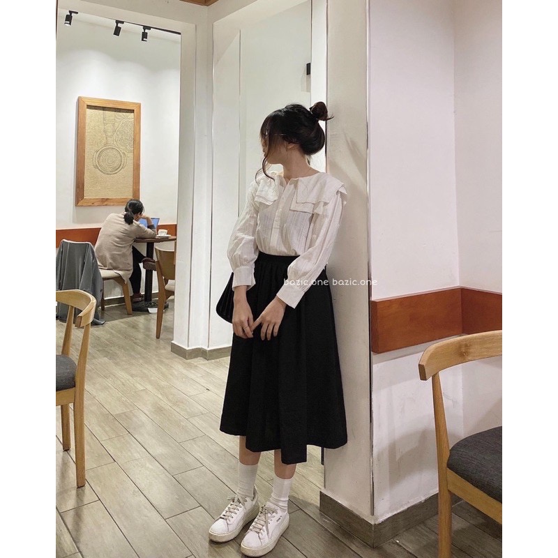 Áo sơ mi nữ cổ bèo phối ren tiểu thư hàn quốc