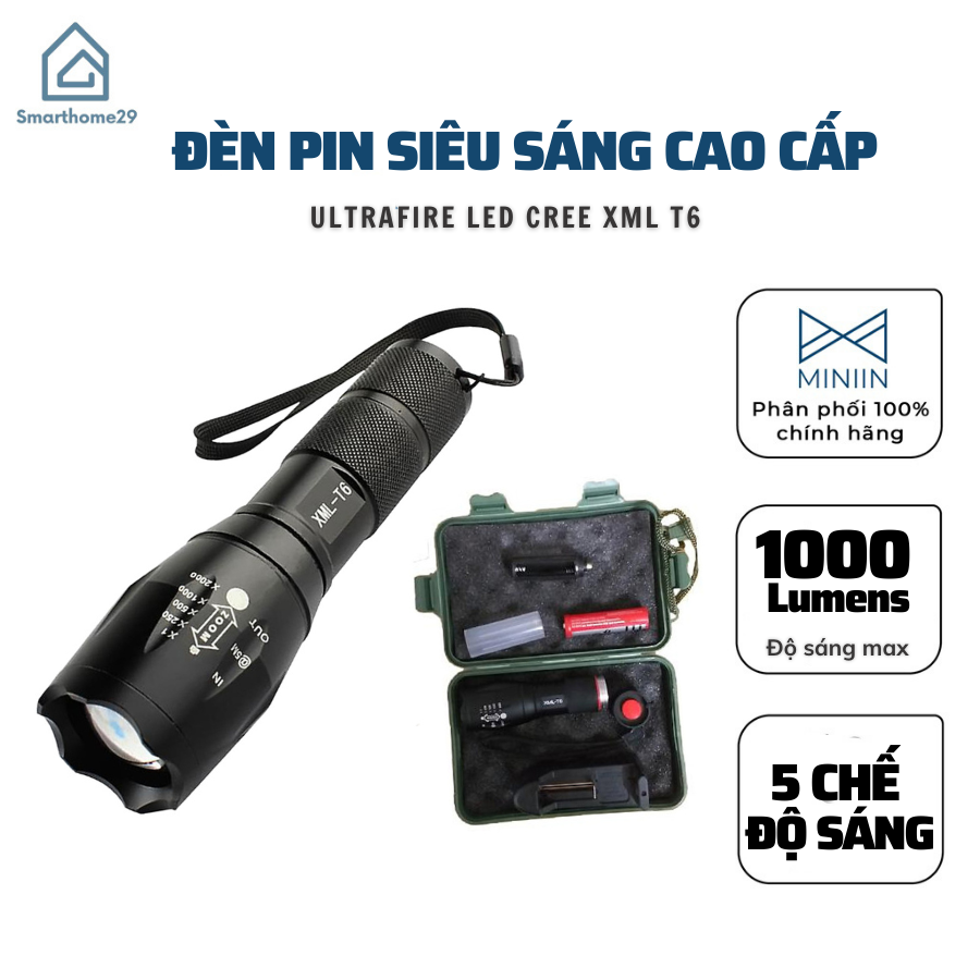 Đèn Pin Siêu Sáng XML-T6 Cao Cấp Hợp Kim Chống Nước Pin Có Thể Sạc Lại Hộp Full Box- MINIIN Chính Hãng