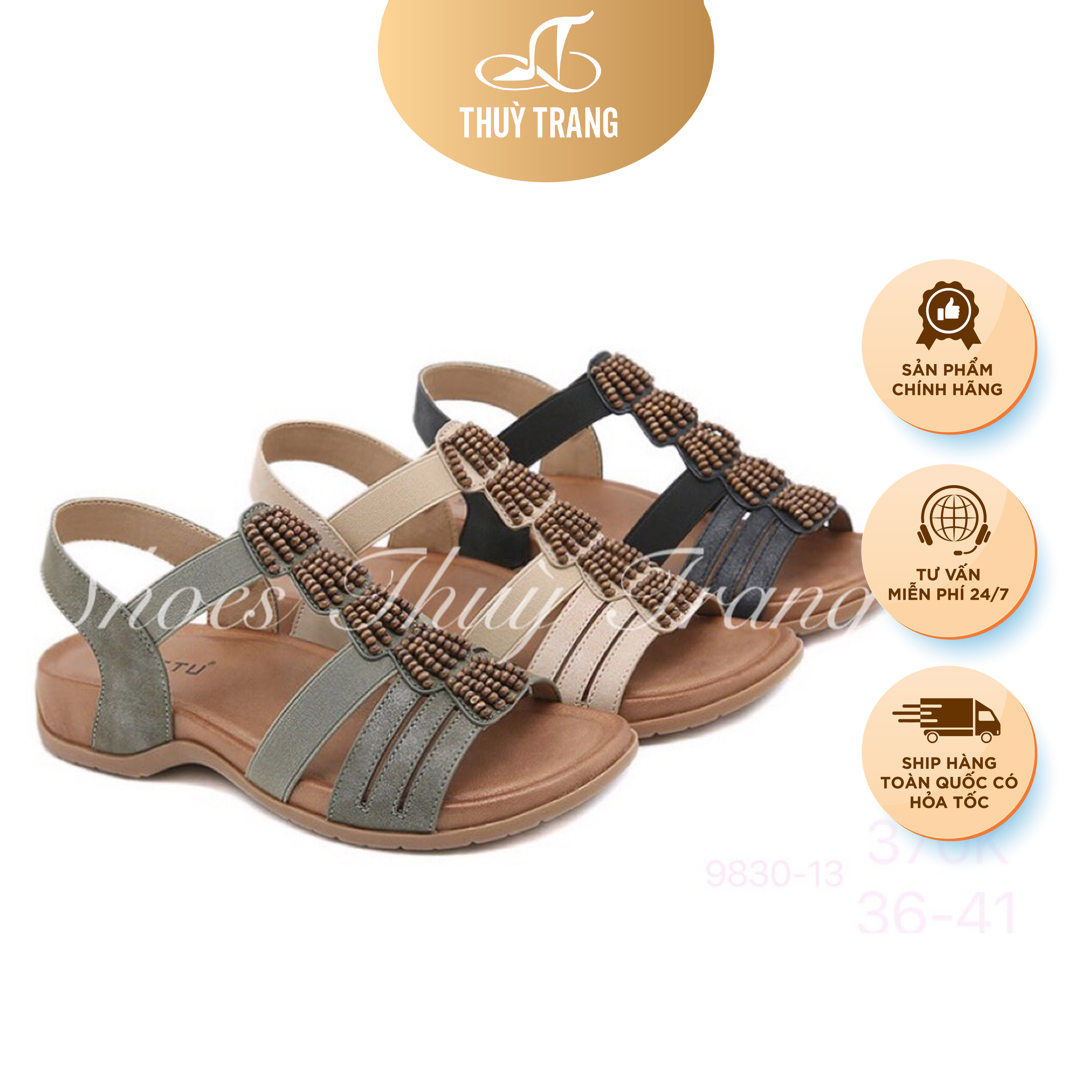 Sandal Nữ Quai đan phối hạt gỗ nhỏ, Đế siêu êm, cao 3cm - 3 màu - size 36-41