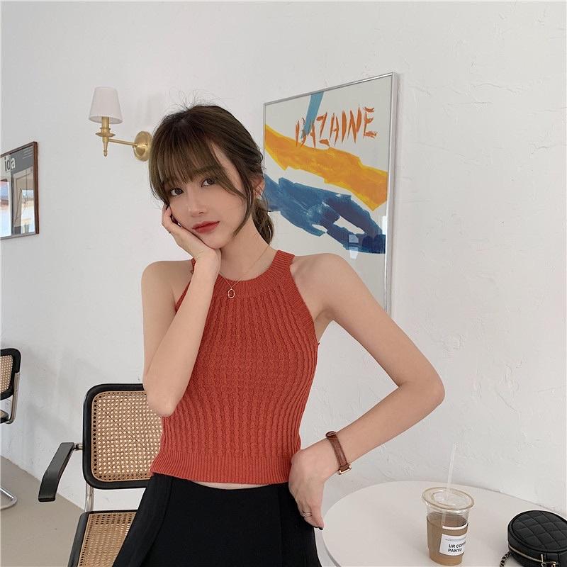Áo len sát nách cổ yếm Áo croptop ôm body không tay hở vai, Phong cách trẻ trung năng động, Thời trang thu xinh