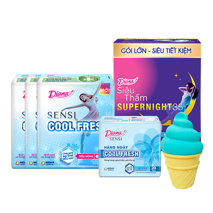 Combo Diana Super Night 35cm + 3 Siêu thấm Cool Fresh + Sensi Cool hàng ngày tặng 1 đèn ngủ silicon cao cấp - Giao ngẫu nhiên