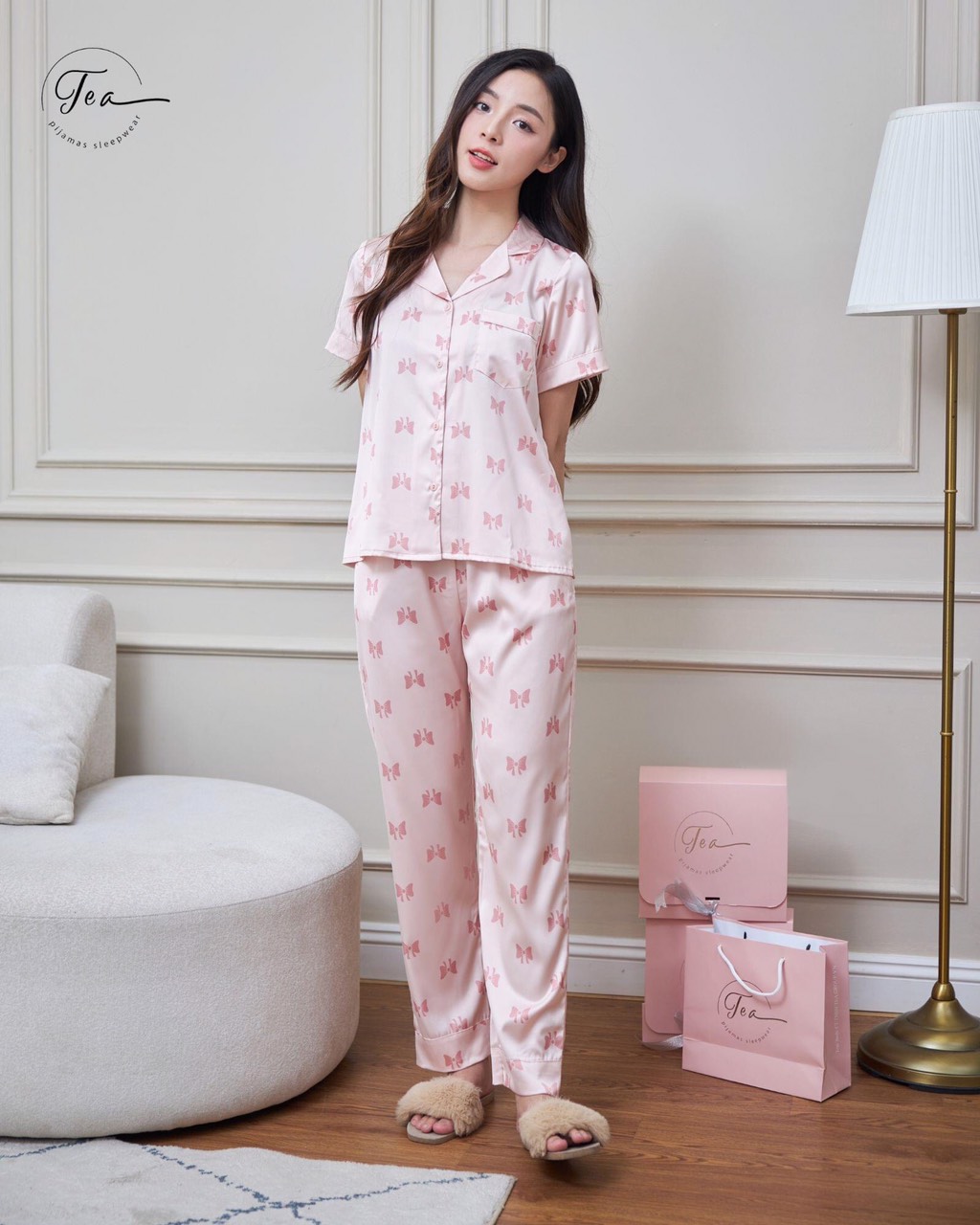 Bộ mặc nhà Pyjama lụa cao cấp Tea Store tay ngắn quần dài họa tiết quả cam xinh xắn
