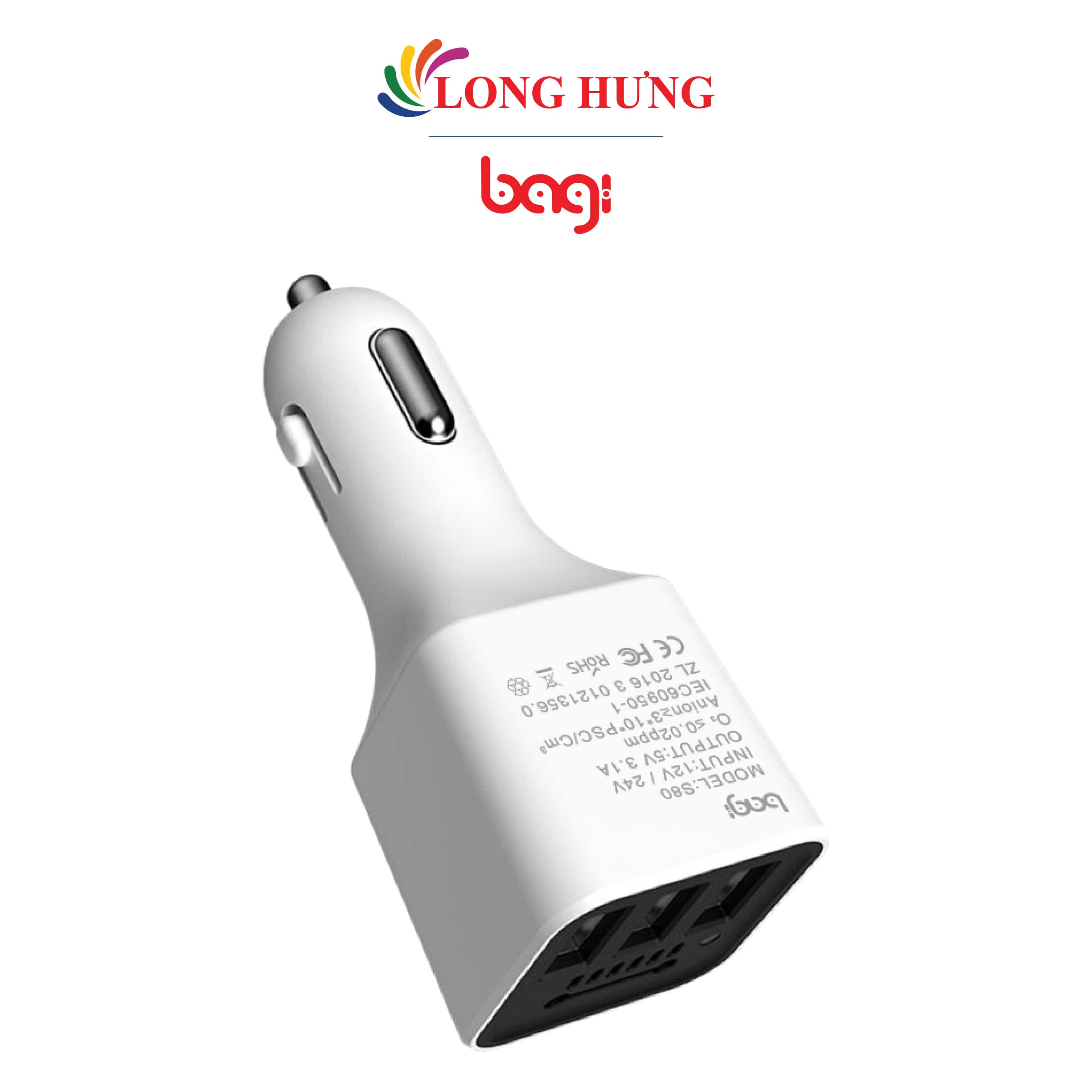 Cốc sạc xe hơi Bagi QC 3.0 3.1A 3USB CC-S80 - Hàng chính hãng