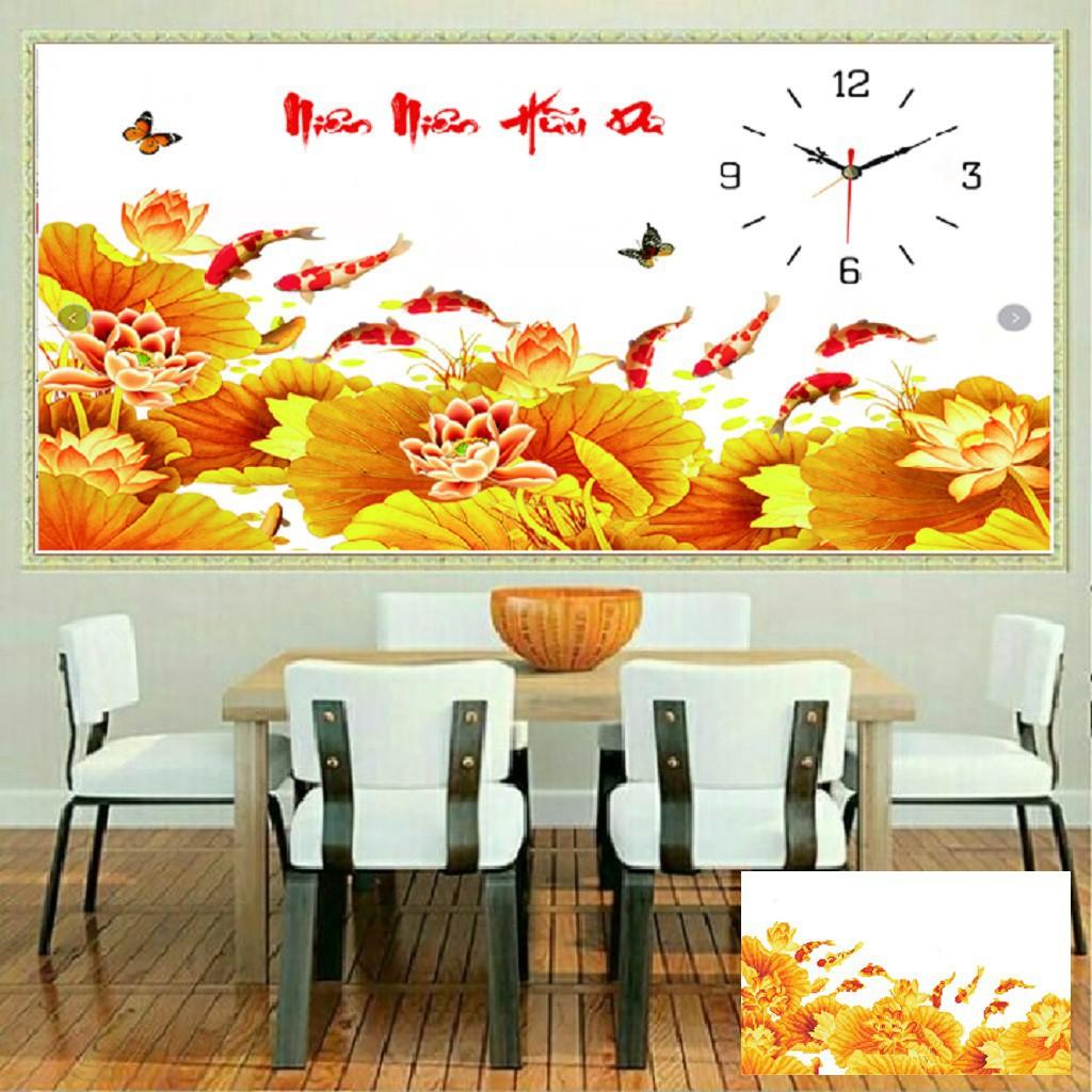 Tranh đá đồng hồ cá hoa sen VS248 - kích thước: 75 * 50cm.