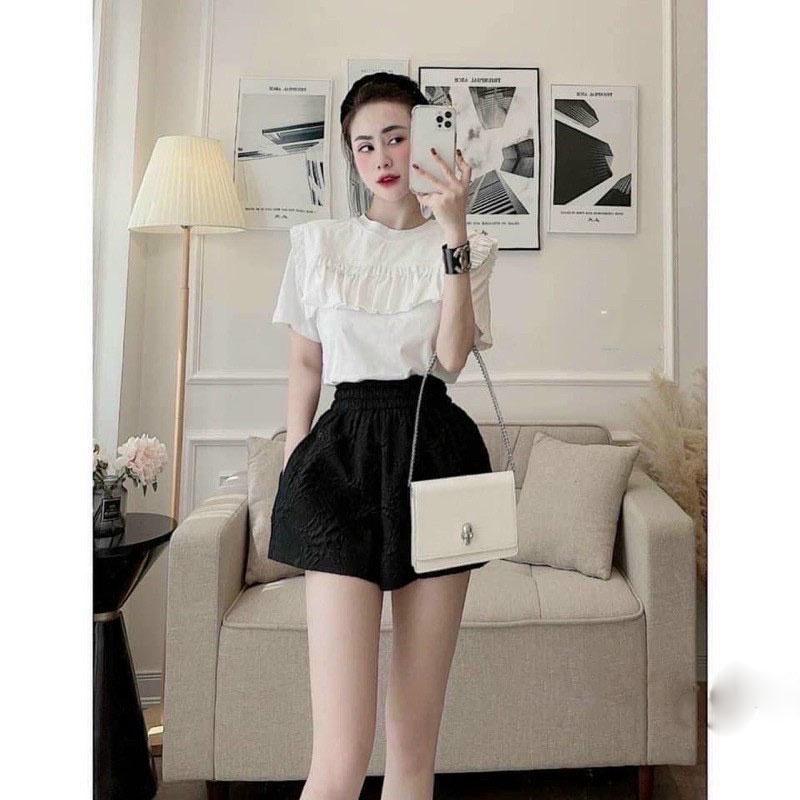 Quần đùi nữ mặc nhà cạp chun lưng cao vải xốp phồng in hoa nổi ống rộng cực đẹp