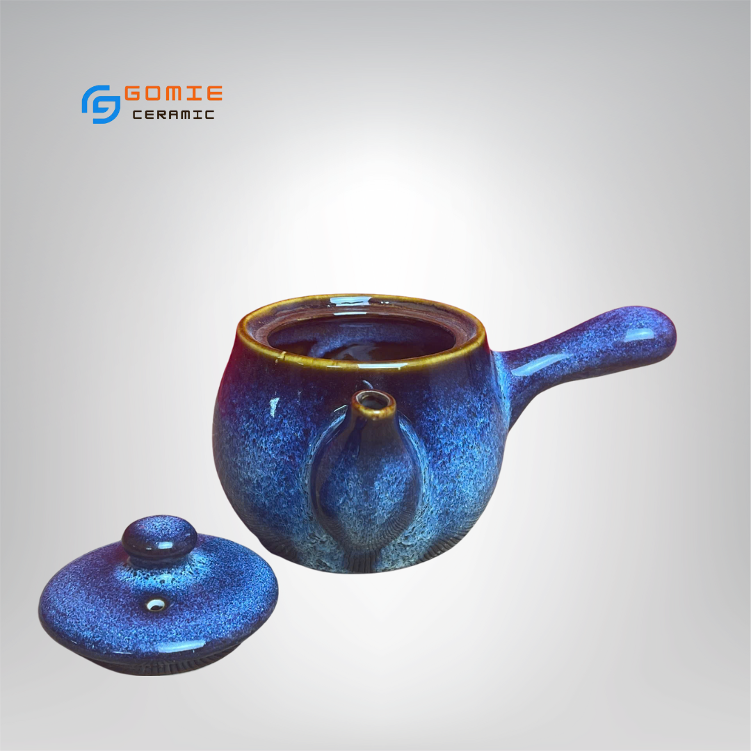 Ấm Trà Kiểu Nhật Men xanh hỏa biến - Ấm trà có tay cầm dài men hỏa biến - Gốm sứ cao cấp Bát Tràng