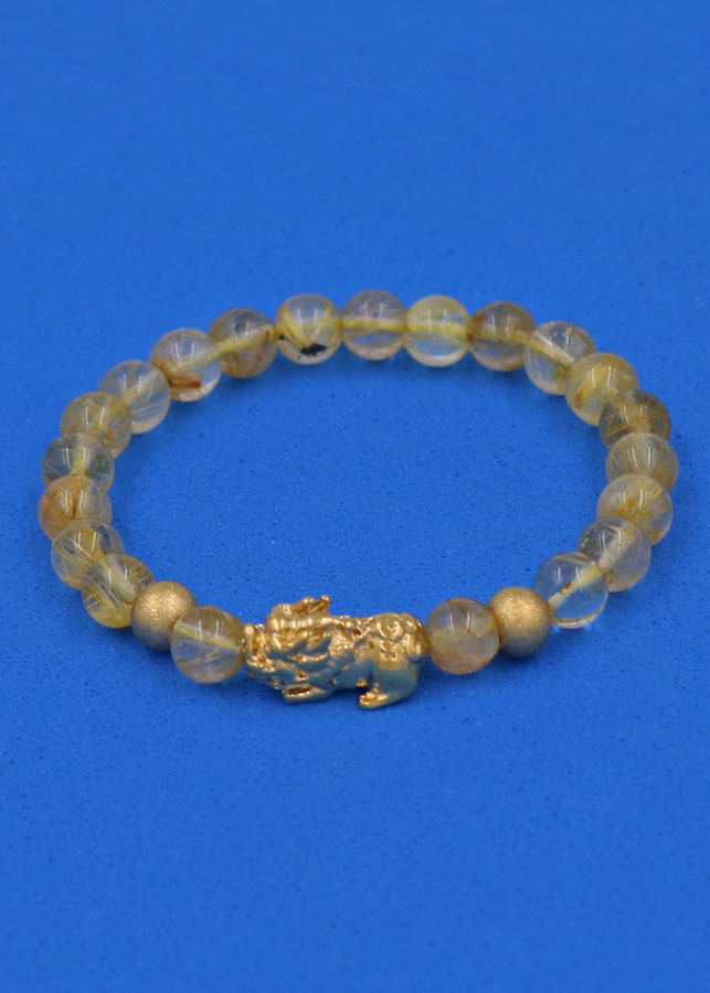 Vòng đeo tay Thạch Anh Tóc vàng 6 ly cẩn Tỳ Hưu inox vàng VTATVTHHBV6 - hợp mệnh Kim, mệnh Thổ