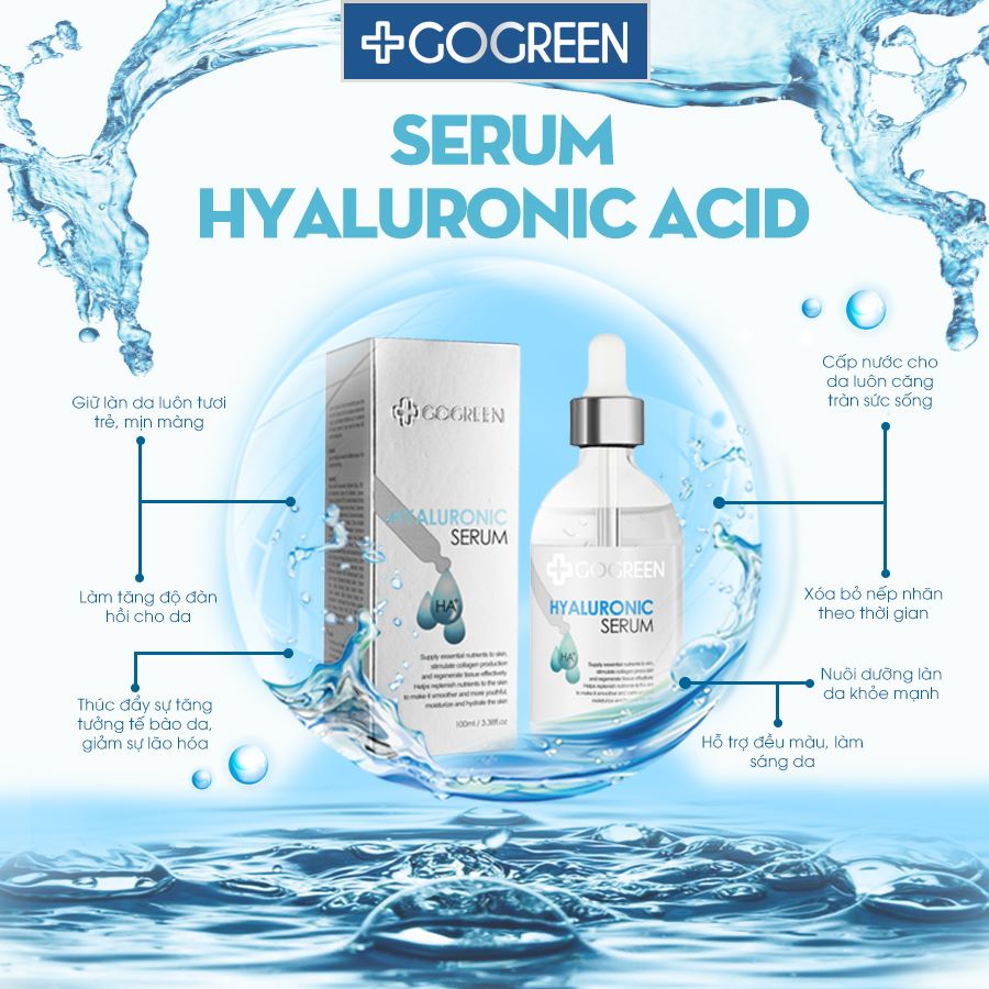 GoGreen Hyaluronic Serum– Serum HA – Cấp nước, giữ ẩm, kích thích sản sinh Collagen cho da – 100ml