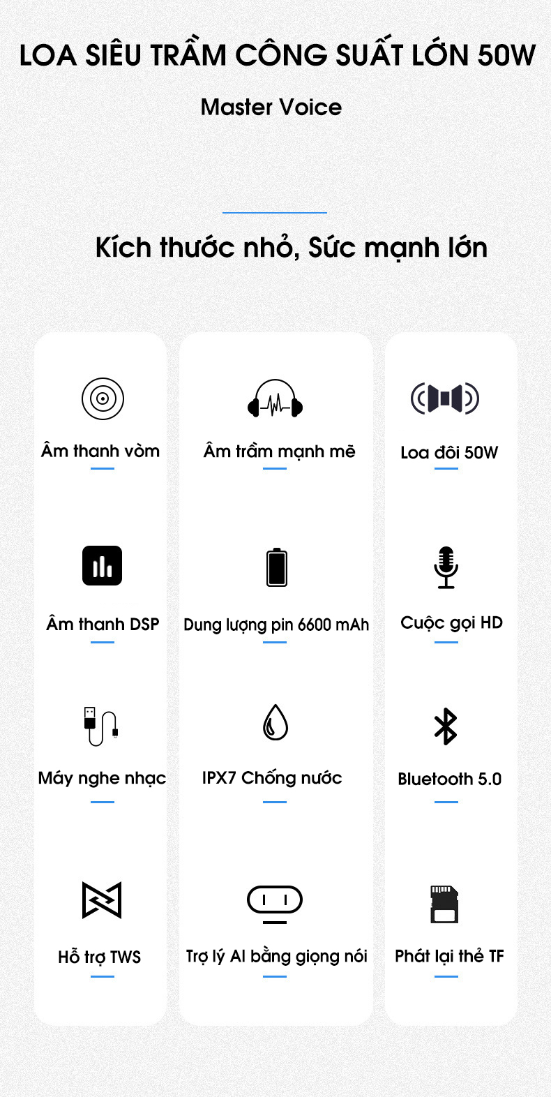 Loa bluetooth 5.0 50W công suất lớn chống nước IPX7, pin 6600mah cộng nghệ điều khiển giọng nói PKCB PF1007 - Hàng chính hãng