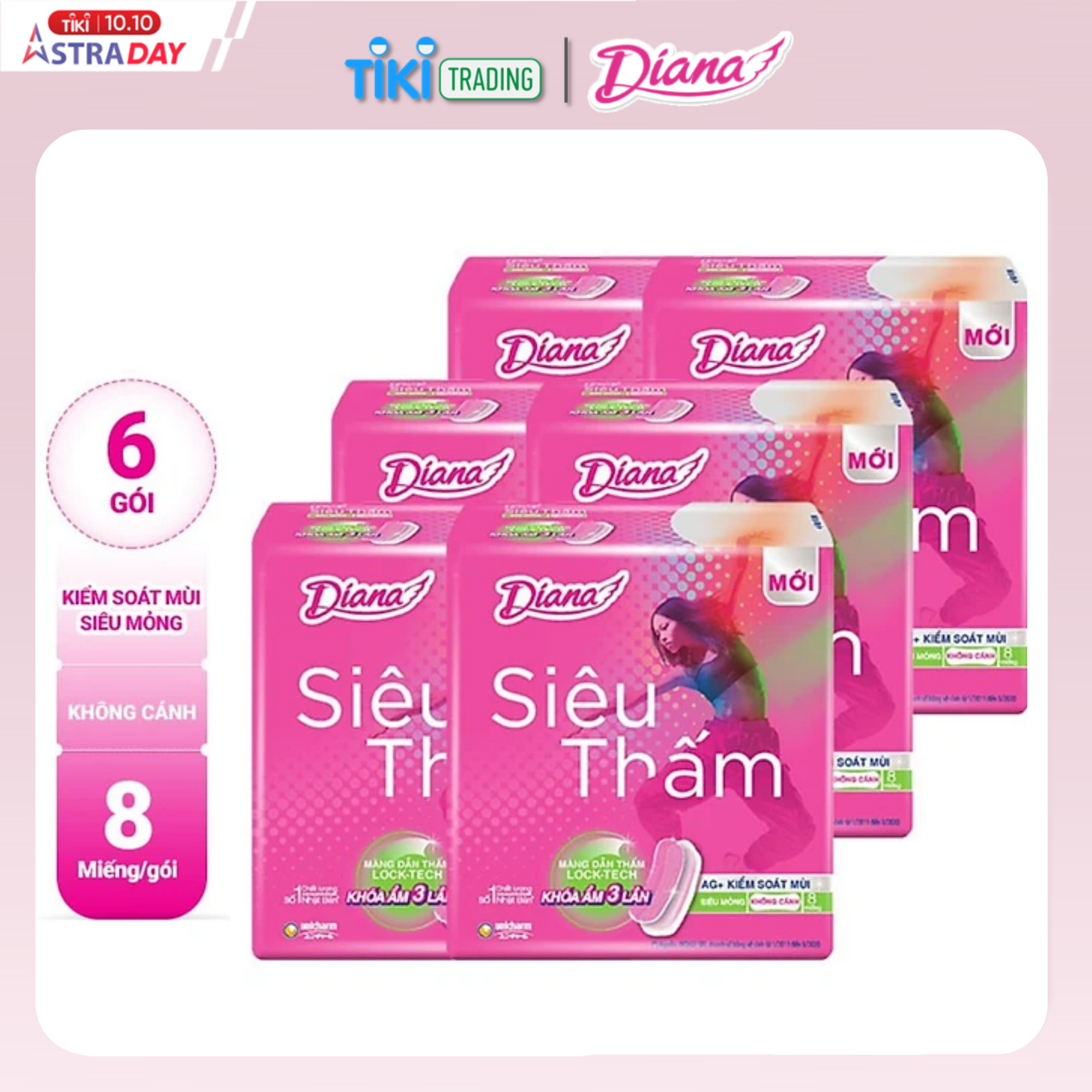 Combo 6 Băng Vệ Sinh Diana Siêu Thấm Siêu Mỏng Không Cánh (Gói 8 Miếng)