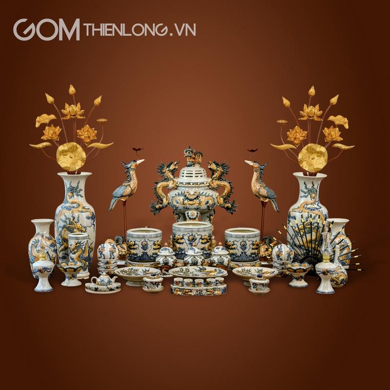 Bộ Đồ Thờ Gia Tiên Men Rạn Đắp Nổi - Hàng Kỹ Nghệ Nhân - Đồ Thờ Bát Tràng - Gốm Thiên Long