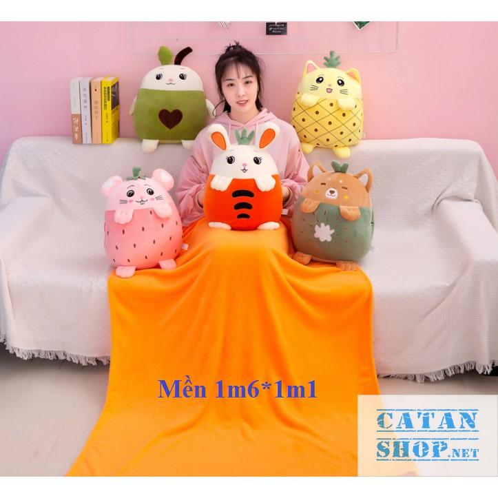 GỐI MỀN 3 trong 1 Trái Cây hình thú cute, thun 4 chiều siêu mịn, bộ chăn gối văn phòng