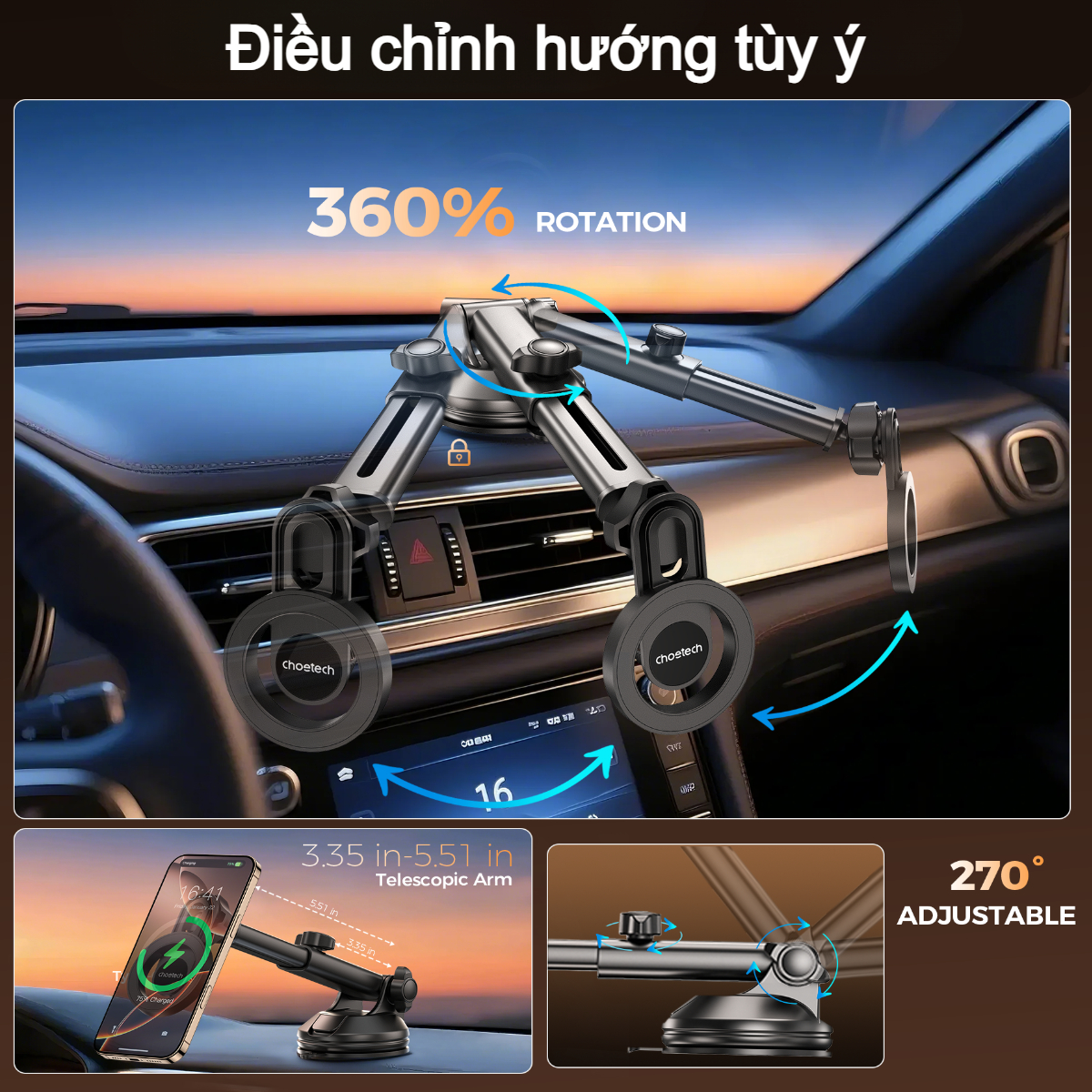 Bộ giá đỡ điện thoại hít nam châm 2in 1 Choetech H1005 dán taplo hoặc kẹp khe gió xoay 360 độ - Hàng chính hãng
