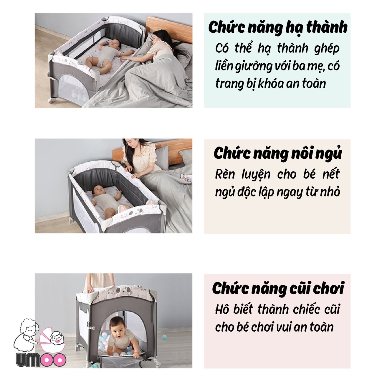 Nôi cũi vải gấp gọn đa năng umoo um-08108 chính hãng sang chảnh