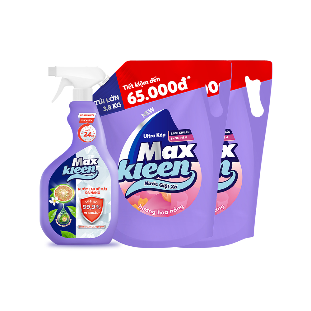 Combo 2 Túi Nước Giặt Xả MaxKleen hương Hoa Nắng (3.8kg/túi) + Lau Bề Mặt Đa Năng