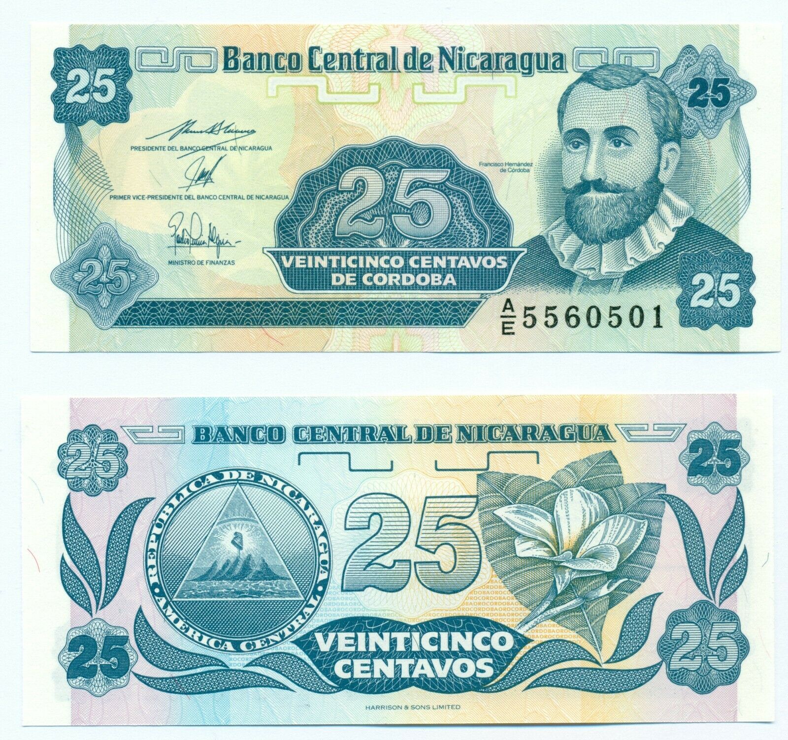 Tờ tiền châu Mỹ, 25 centavos Nicaragua mới cứng sưu tầm, tặng kèm túi nilon bảo quản
