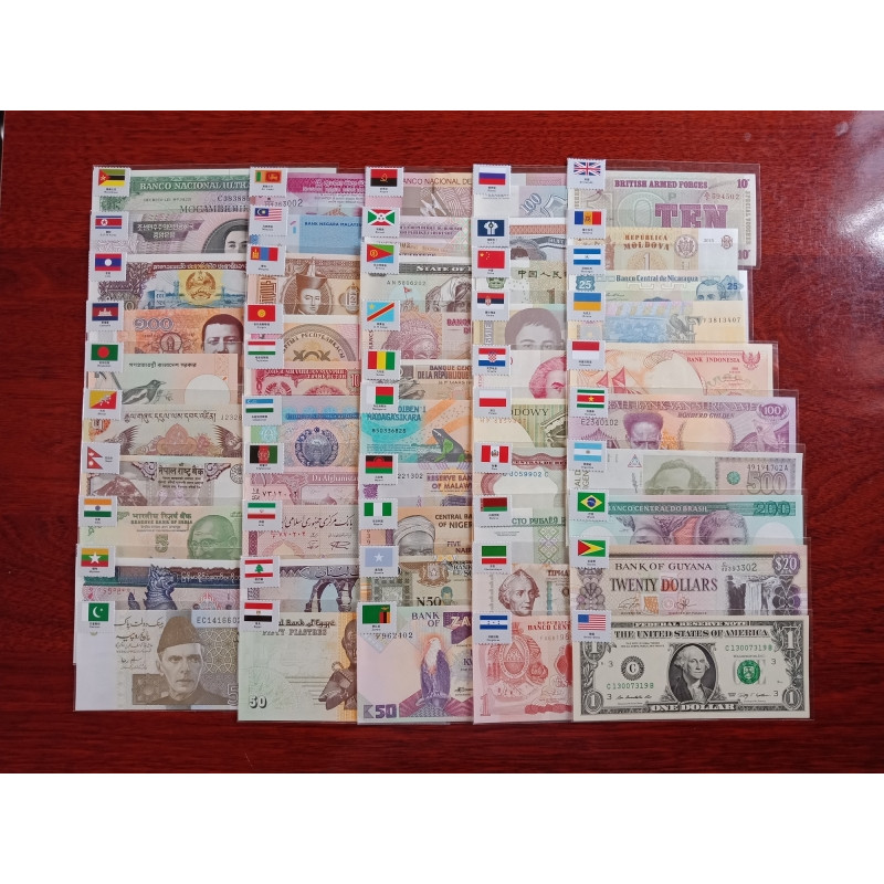 Combo tiền 52 quốc gia 52 tờ mới keng, mỗi nước 1 tờ - Tặng kèm cờ và túi nilon bảo quản PASA - Mới 100% UNC