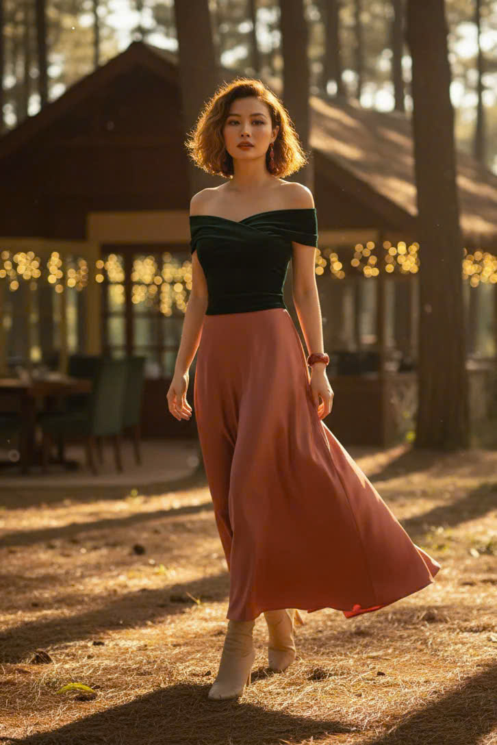 Áo Kiểu Nữ Cao Cấp Áo Trễ Vai Nhung Xanh Thời trang thiết kế Hity TOP115