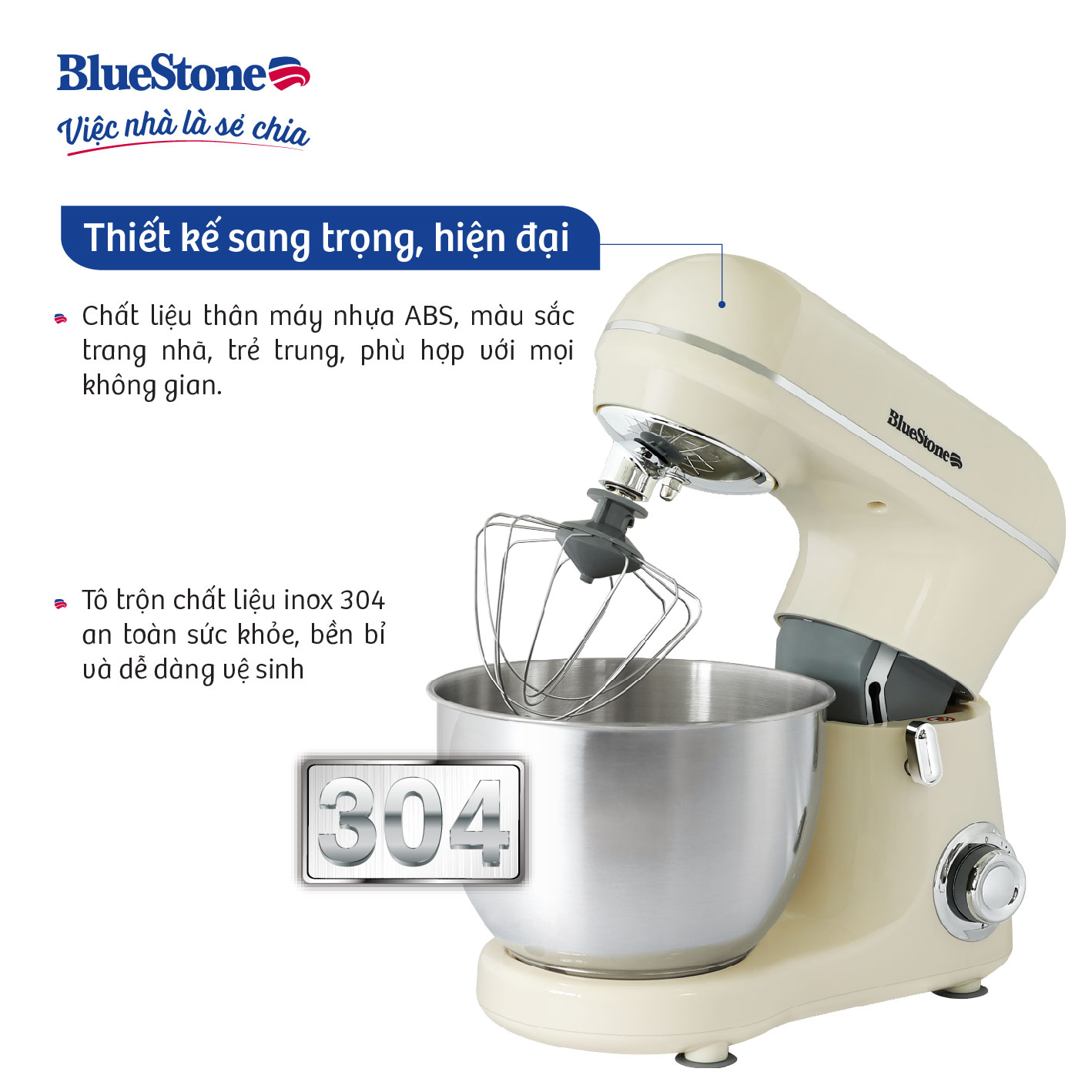 Máy Trộn Bột Đa Năng BlueStone HMB-6383 - Dung tích tô trộn 4 Lít - 600W - 6 tốc độ quay - Bảo hành 2 năm - Hàng Chính hãng