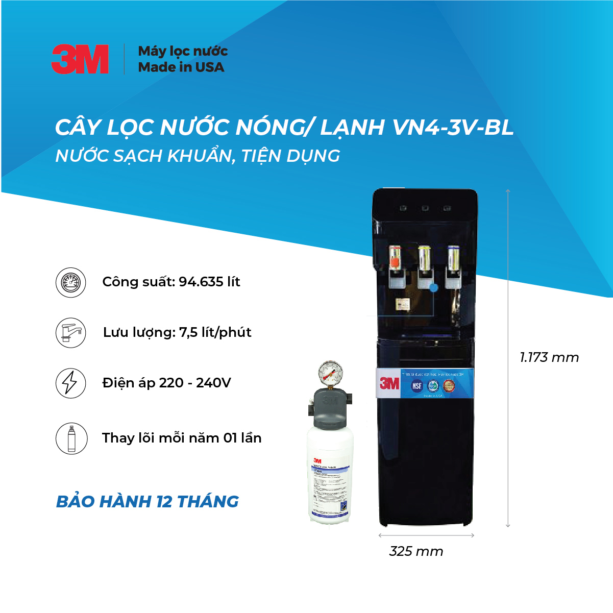 Máy Lọc Nước Nóng Lạnh 3 Vòi 3M VN4-3V Màu Đen (Sử Dụng Máy 3M ICE140-S) - Hàng Chính Hãng