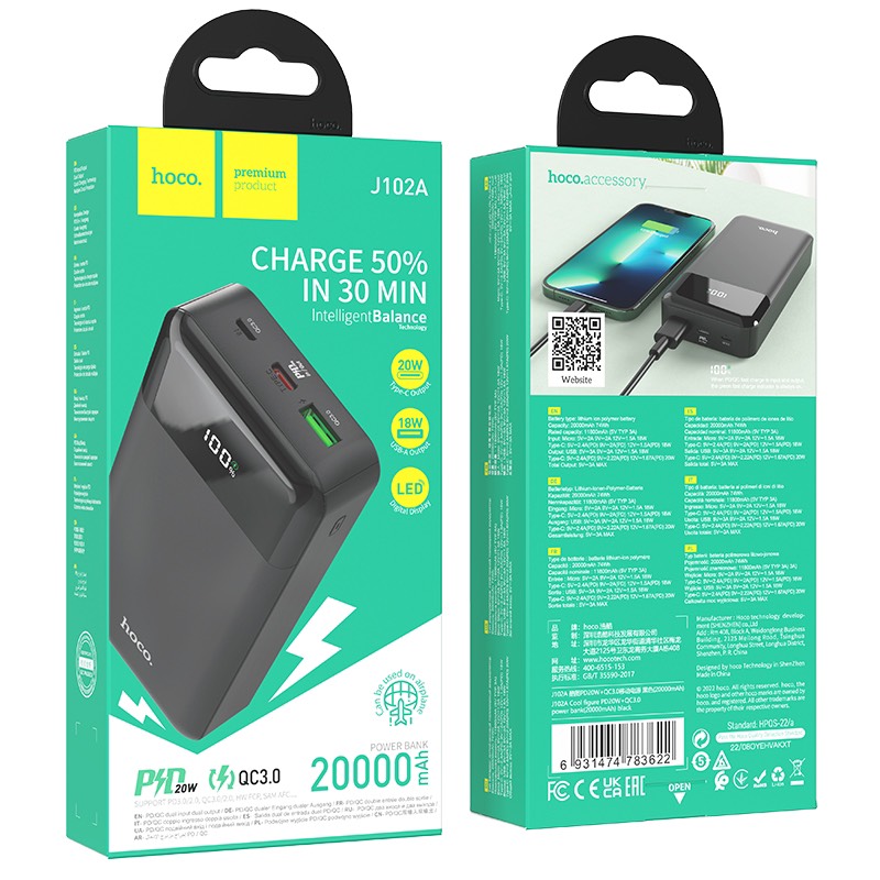 Pin Sạc Dự Phòng J102A Dung Lượng  20000mAh, Sạc Nhanh 20W,Cổng Type-C Sạc Nhanh                2 Chiều