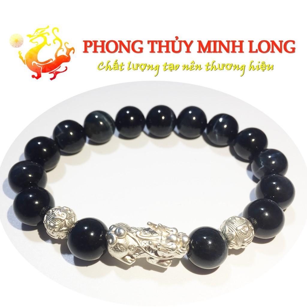 Vòng tay đá mắt hổ Chim Ưng xanh đen chất lượng 5A mix tỳ hưu và 2 hạt kim tiền Bạc hợp mệnh Thủy và Mộc