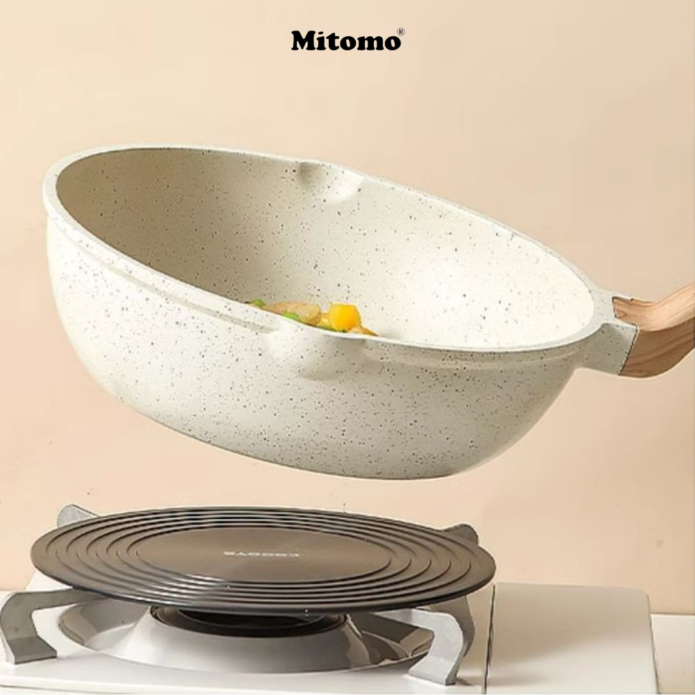 Bộ nồi vân đá chóng dính cao cấp 4 món Mitomo, đúc nguyên khối, nấu trên mọi loại bếp - Hàng chính hãng