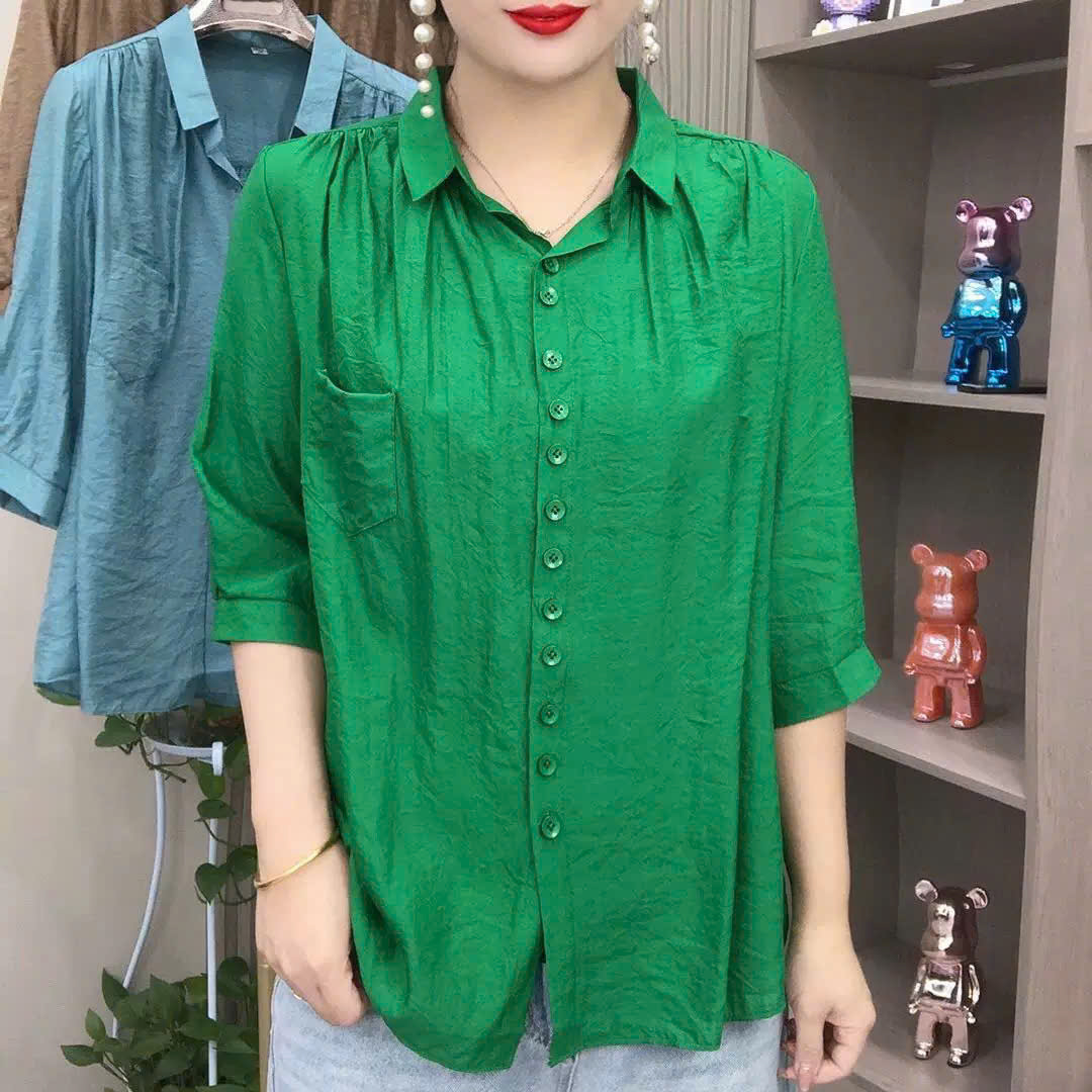 Áo sơ mi kiểu tay lỡ cổ đức, chất liệu Đũi tơ mềm mát, thấm hút mồ hôi, áo kiểu nữ dễ thương, NeSa Shop AT12