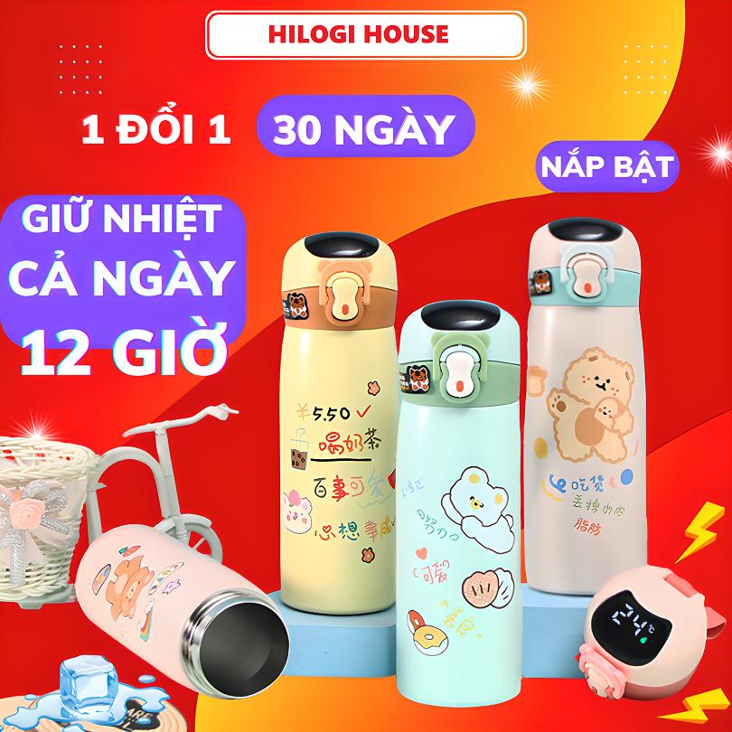 Bình giữ nhiệt hiển thị nhiệt độ 500ml Hilogi inox 316, có ống hút ,nắp bật đậy kín và dây treo, giữ nhiệt hơn 15 giờ