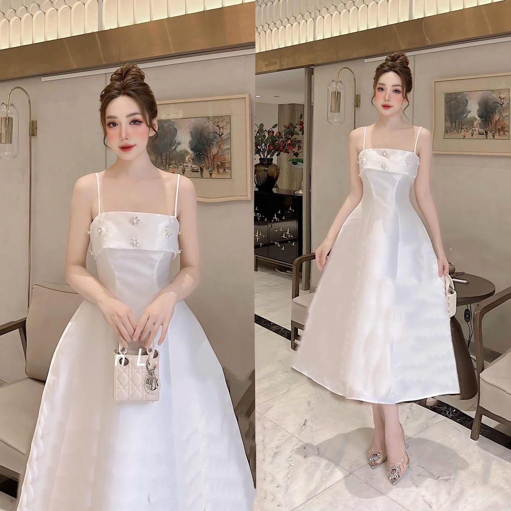 Đầm midi đỏ 2 dây đính đá hoa ngực dáng xòe dự tiệc cưới