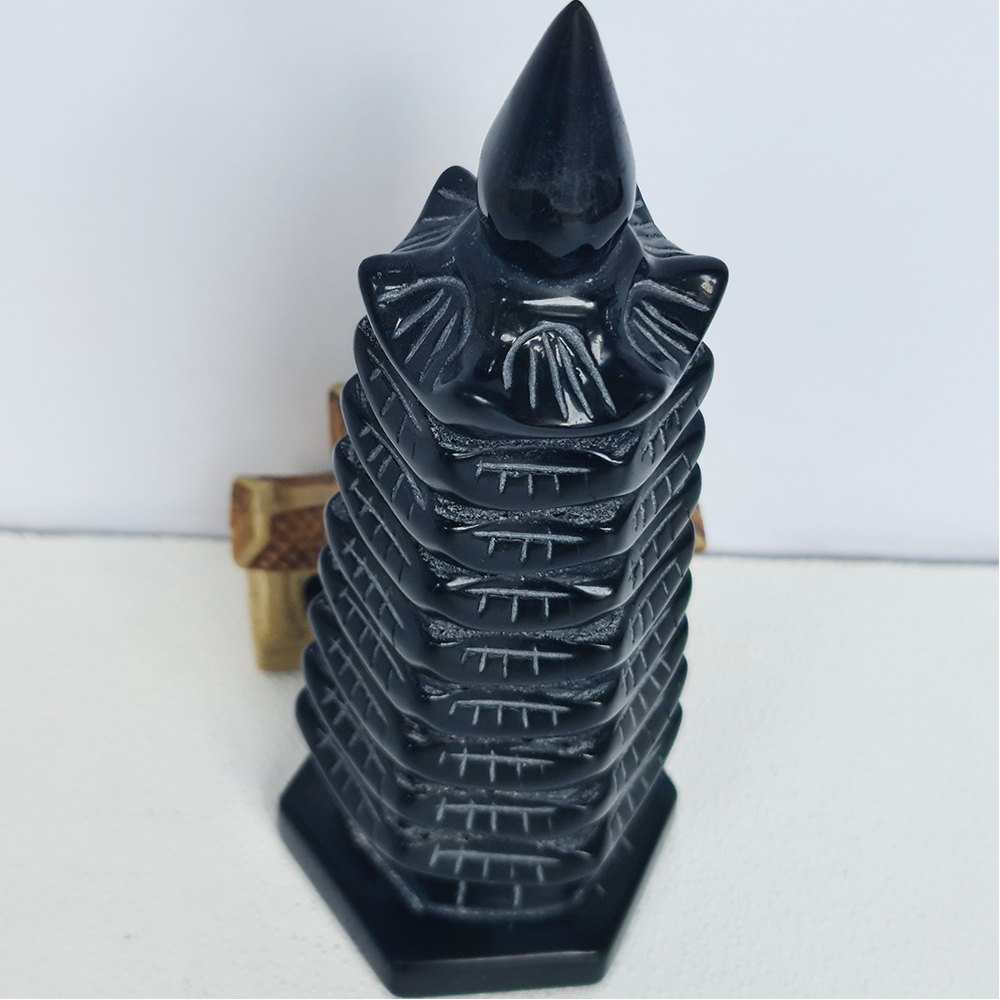 Tháp Văn Xương Đá Obsidian Đen - Núi Lửa Đen 9 tầng - Mx - 16cm - Hợp Mệnh Mộc, Thuỷ