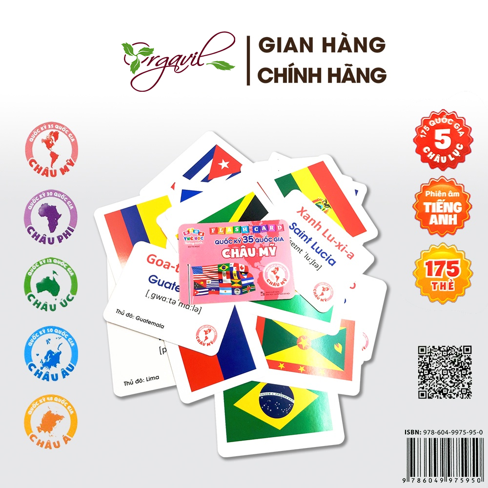 Flashcard Cờ Các Nước, Quốc Kỳ 175 Quốc Gia Trên Thế Giới - Flashcard Song Ngữ Tiếng Anh, Tiếng Việt Cho Bé - Orgavil