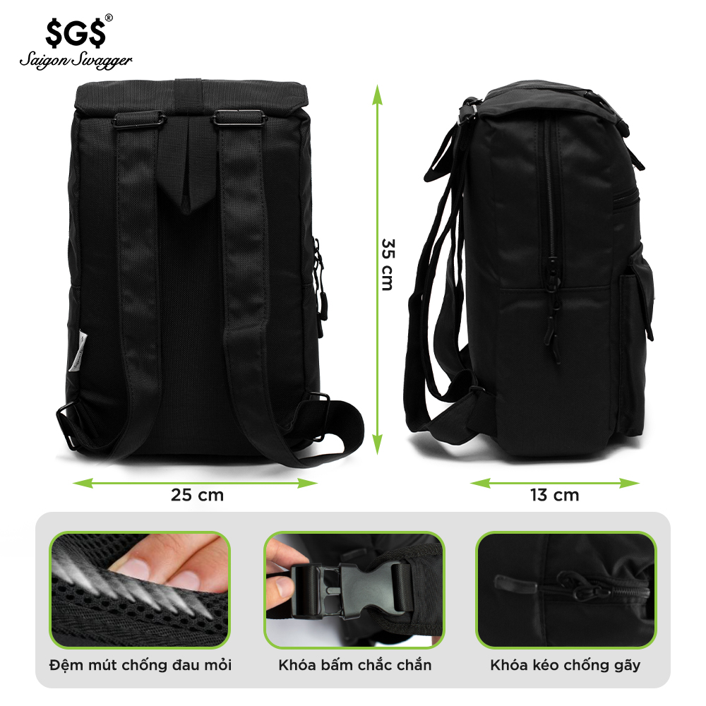 Balo Mini Đen Saigon Swagger SGS - Balo Laptop Thời trang, Chất liệu Polyester tráng PU cao cấp, trượt nước chống thấm nước, Ngăn chống sốc riêng biệt, Độ bền cao, Nhiều ngăn, Balo Học Sinh