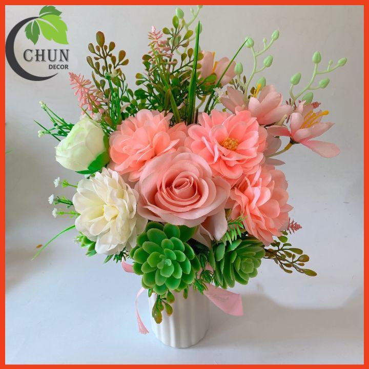 Bình Hoa Lụa Cao 35cm Màu Tươi Sáng Để Bàn, Kệ Tủ, Trang Trí Nhà, Văn Phòng, Cửa Hàng