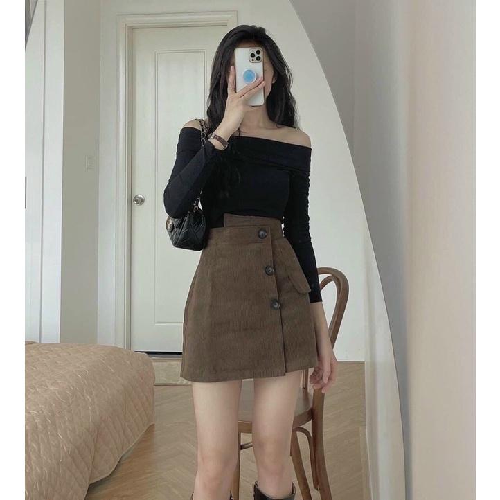 Chân váy nhung tăm phối cúc cạp lệch
