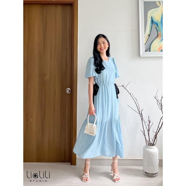 Đầm dài tay bí rút eo -Thiết kế từ - chất xô sọc mát, mềm