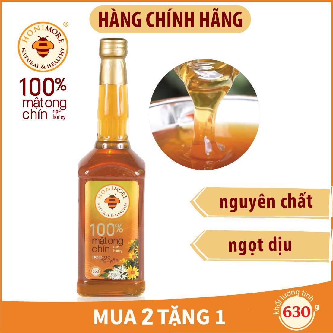 Combo 3 chai mật ong chín HONIMORE Hoa Cao nguyên 630g - TẶNG 3 hũ mật ong nguyên chất 360g