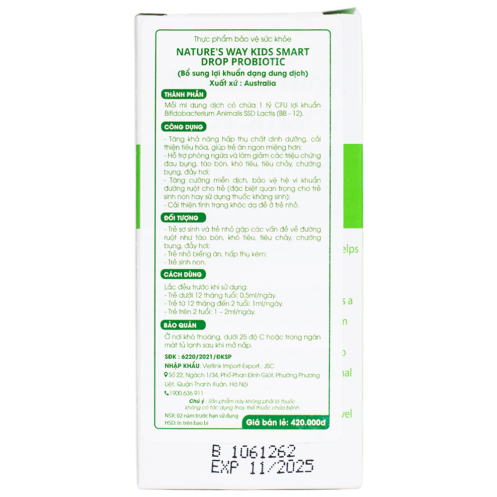 Nature's Way Kids Smart DROPS PROBIOTIC - Bổ Sung Men Vi Sinh Cho Bé (20ml/lọ)