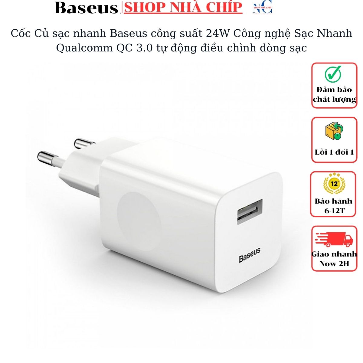 Cốc Củ sạc nhanh Baseus công suất 24W Công nghệ Sạc Nhanh Qualcomm QC 3.0 tự động điều chình dòng sạc - Hàng nhập khẩu