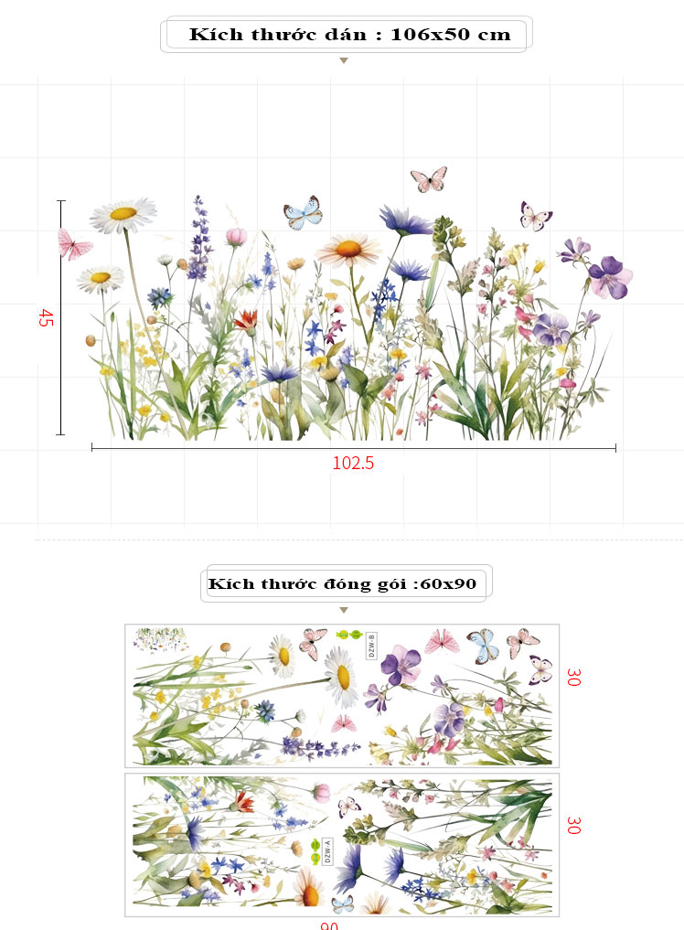 Sticker Giấy Dán Tường Decal Dán tường Tranh Dán Tường Trang Trí Tường Mẫu Cánh Đồng Hoa Bướm ZDB-2720