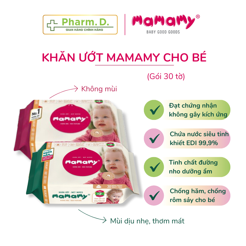 Khăn Ướt MAMAMY Không Mùi Hoặc Mùi Dịu Nhẹ Ngừa Hăm, Rôm Sảy Cho Bé (30 tờ/ gói)