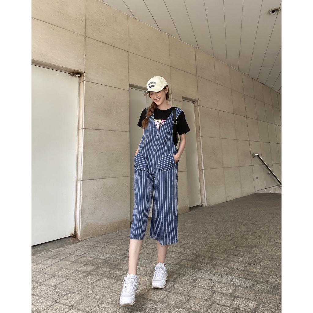 Jumpsuit, Cách Điệu Hai Túi Trước, Họa Tiết Sọc, Khóa Kéo Sau, Màu Xanh - Lovadova 22O03C001