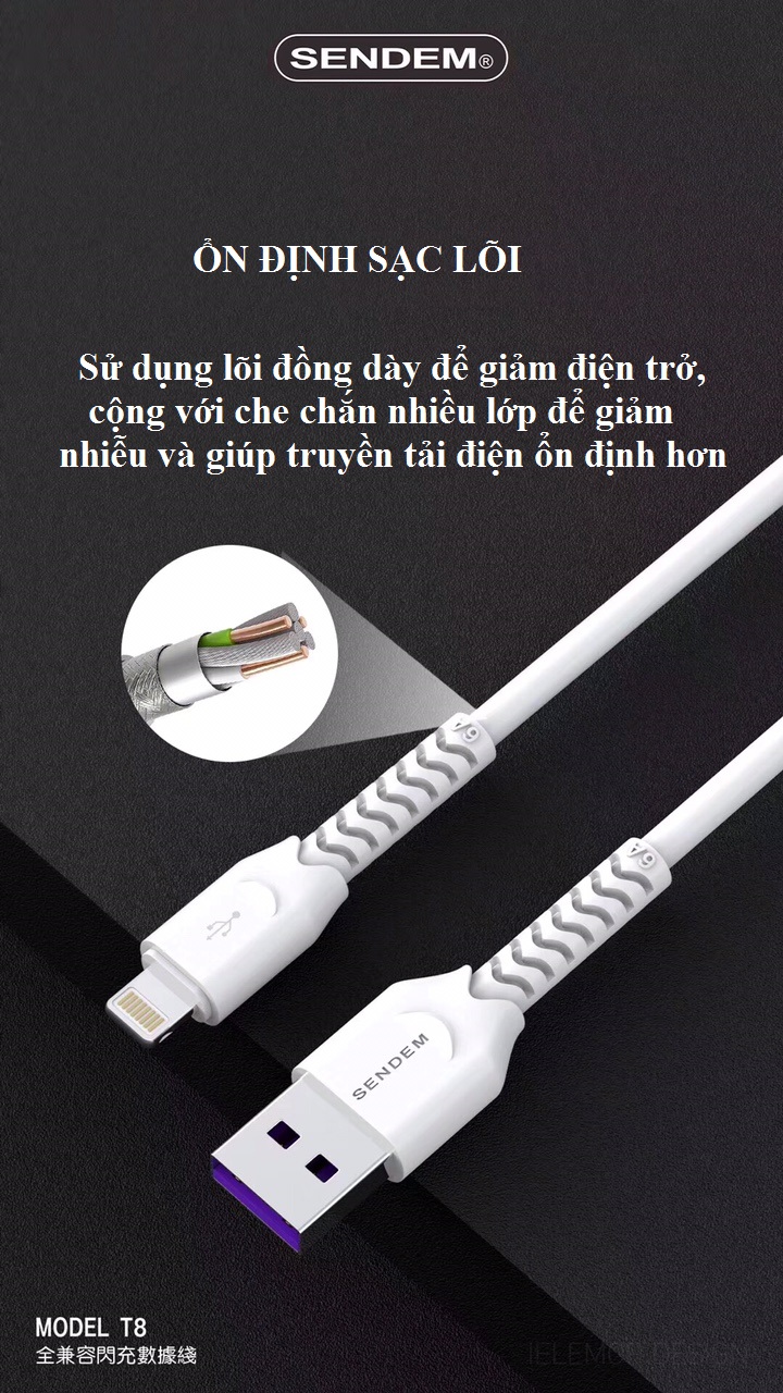 Cáp sạc siêu tốc SENDEM T8 6A MicroUSB, Lightning, TypeC hỗ trợ VOOC, Qualcom 3.0 dành cho điện thoại đời cao của Iphone, Samsung, Oppo,... (Giao màu ngẫu nhiên) - Hàng chính hãng