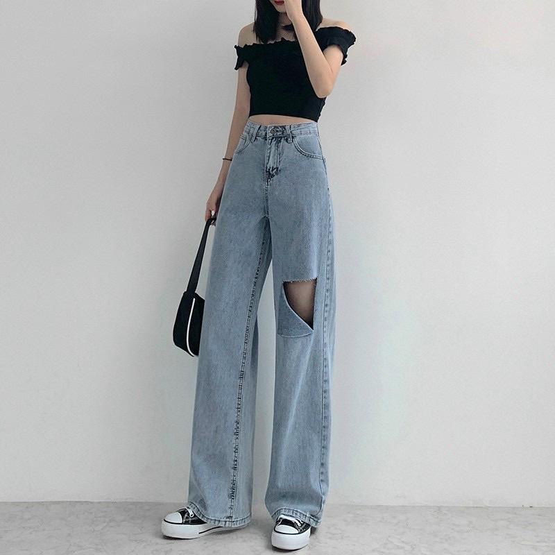 ( giá sỉ) Quần jean nữ ống rộng rách đùi màu xanh thời trang H.N.M STORE