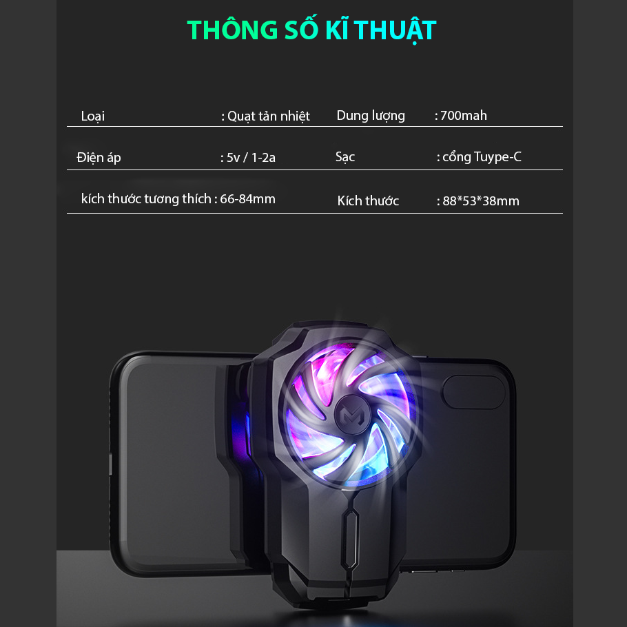 Quạt tản nhiệt điện thoại SIDOTECH FL05 Version 5 gaming phiên bản 2021 pin sạc 700mAh Led RGB tốc độ 6000 vòng/phút độ mở rộng 66-84mm làm mát cực nhanh cho khi chơi game mobile bị nóng - Hàng chính hãng